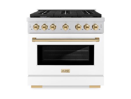 ZLINE Autograph Edition 36 in. 5.2 cu. ft. 6 Burner Gas Range with Convection Gas Oven in Stainless Steel with White Matte Door and Polished Gold Accents (SGRZ-WM-36-G) For Sale